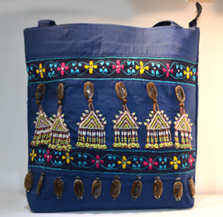 BLUE JEANS BAG WITH AFGHANI BEAD WORK ORNAMANTATION